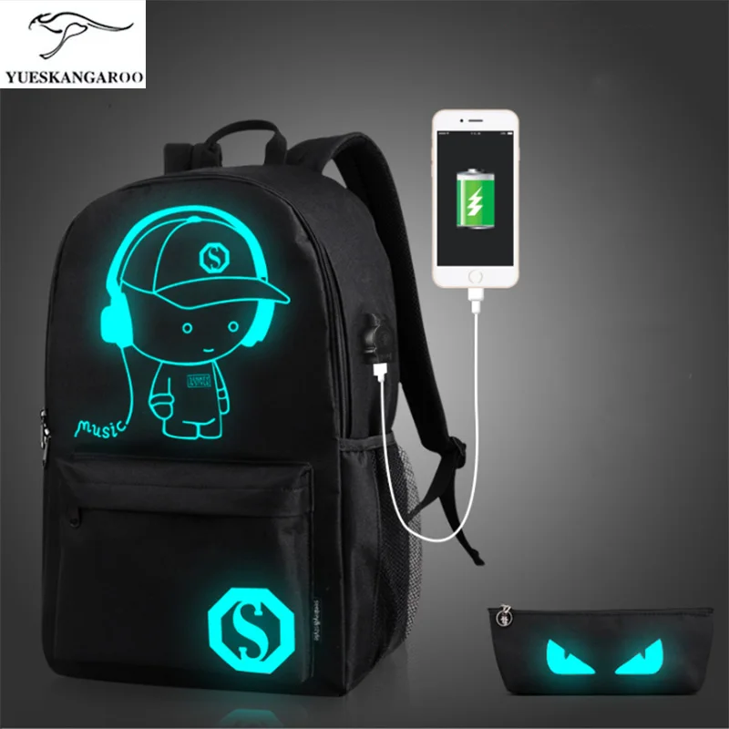 YUESKANGAROO School Backpack Student Luminous Animation School Bags For Teenager USB Charge Computer Anti theft Laptop