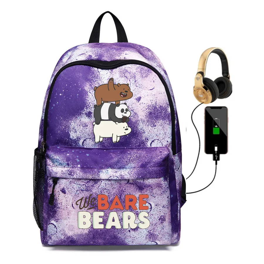 

CN We Bare Bears Backpack Grizzly Panda Ice Bear USB charging Mochila Canvas laptop School Bags headset Travel Bags shoulder bag