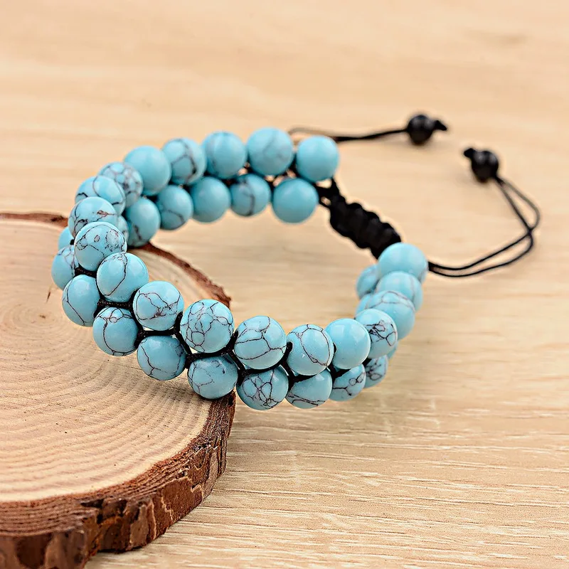 

Classic Natural Stone Bracelet Men Femme Charm Yoga Black Lava&Turquoises Double Layer Woven Bracelet Homme Women ABK034