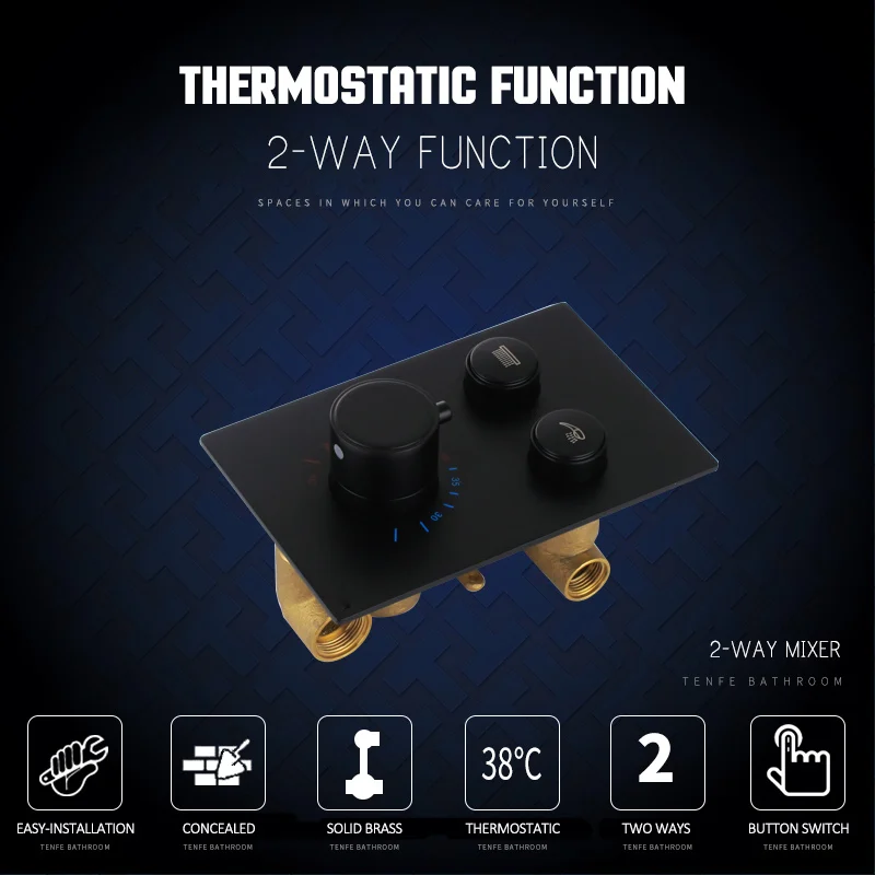 Quyanre матовый черный хром термостатический смеситель для душа клапан душевая панель 2-way кнопки управления Переключатель Термостатический смеситель для душа - Цвет: Matte Black