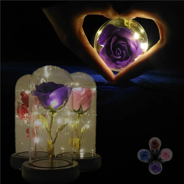 YO CHO Artificial Flower Soap Rose Valentines Day Gift Led Light Gold Rose In Glass Cover Home Party Wedding Decoration Ornament