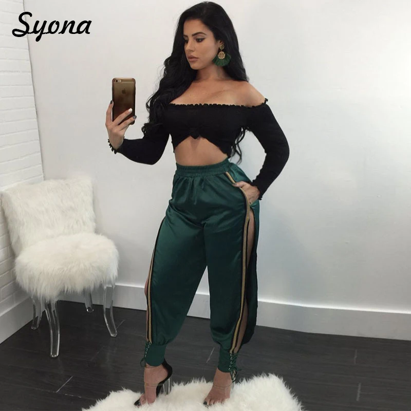 

Sexy HAREM PANTS Female Side Open Leg Slit Highwaisted Loose Stripe Trousers High Waist Split Ankle Tie Party Club Green Summer