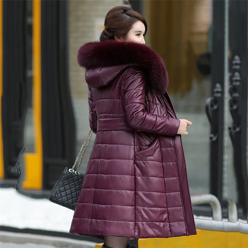 

Winter Leather Down Jacket Women's Long section Plus Size 8XL Coats 2019 New Middle-aged Women Fur Collar Cotton Jacket X250