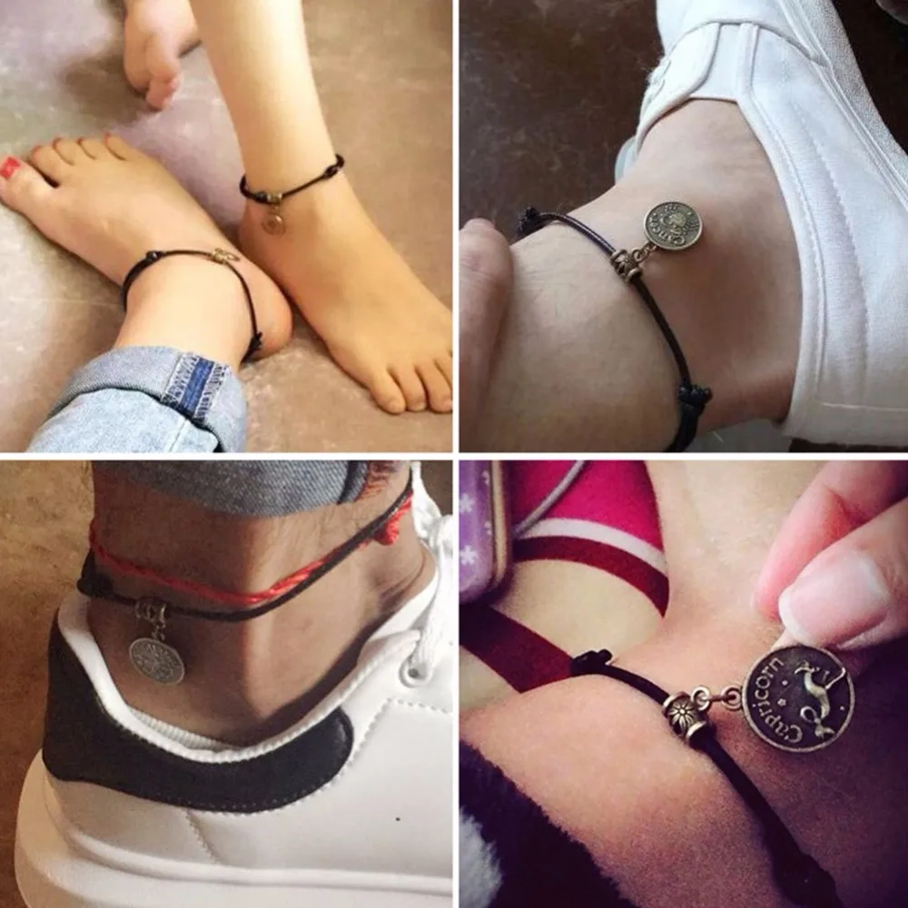 

12 Constellations Black Rope Personality Lovers Anklets Bohemian Wide Anklet Bracelet For Women Men Foot Chain Barefoot Jewelry