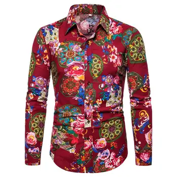 

Linen Shirts Men's clothing Linen Slim Fit Long-sleeved Social Shirt for Men Flower Casual Blouse Men Red