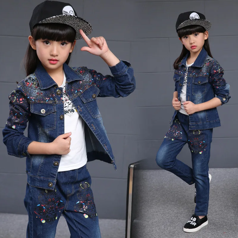 Комплекты одежды для девочек осенние детские джинсовые пальто и штаны Детская футболка с цветочным рисунком топы с отложным воротником и джинсовые брюки для подростков