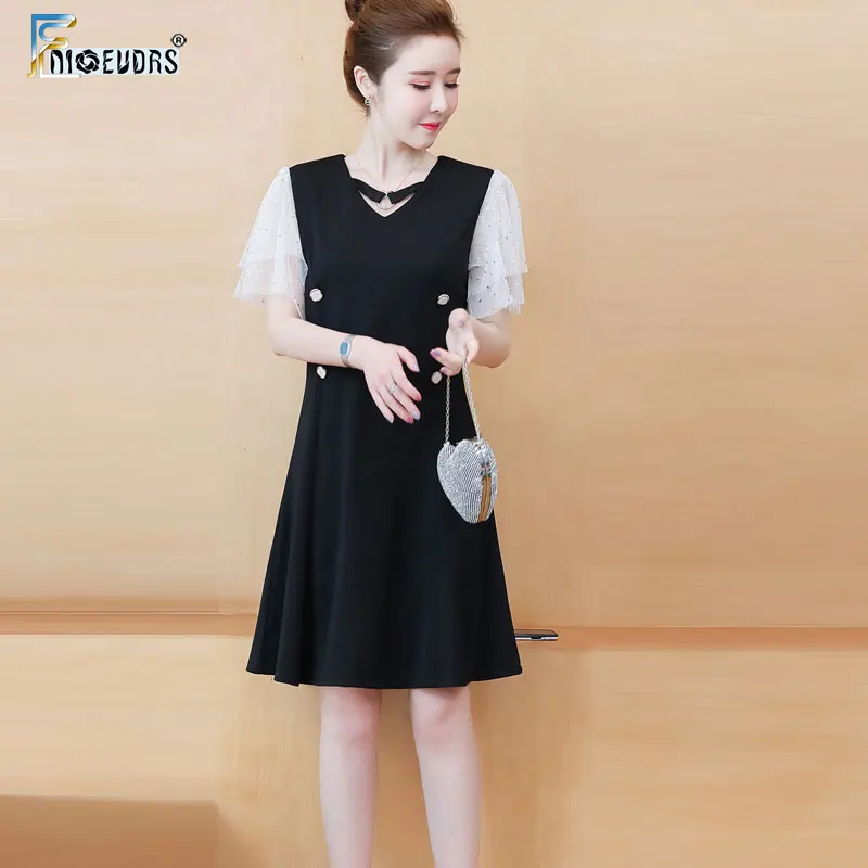 

Plus size Clothes 5XL 4XL 3XL Dresses Woman Summer Patchwork Sheer Mesh Elegant Office Lady Double-breasted Black Dress J629