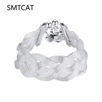 

SMTCAT Women's jewelry 925 Genuine Silver Color fashion charm 8'' 21cm wide 25mm Cross Mesh chains bracelets Pulseiras de Prata