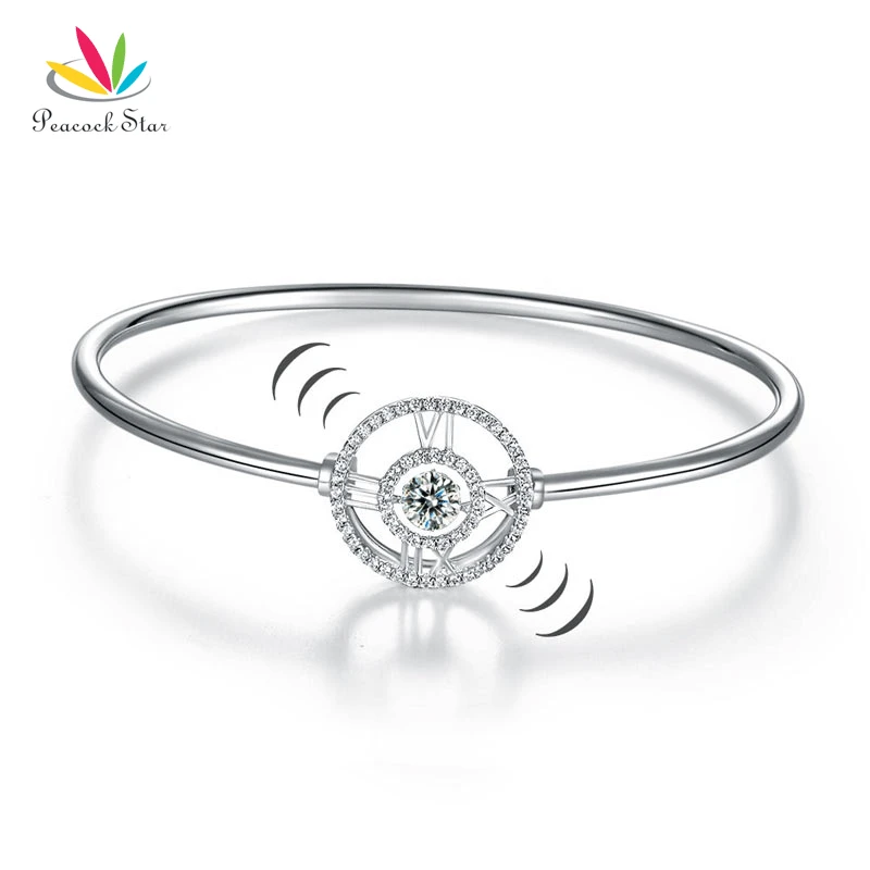 

Peacock Star Roman Number Dancing Stone Bangle Solid 925 Sterling Silver for Women CFB8012