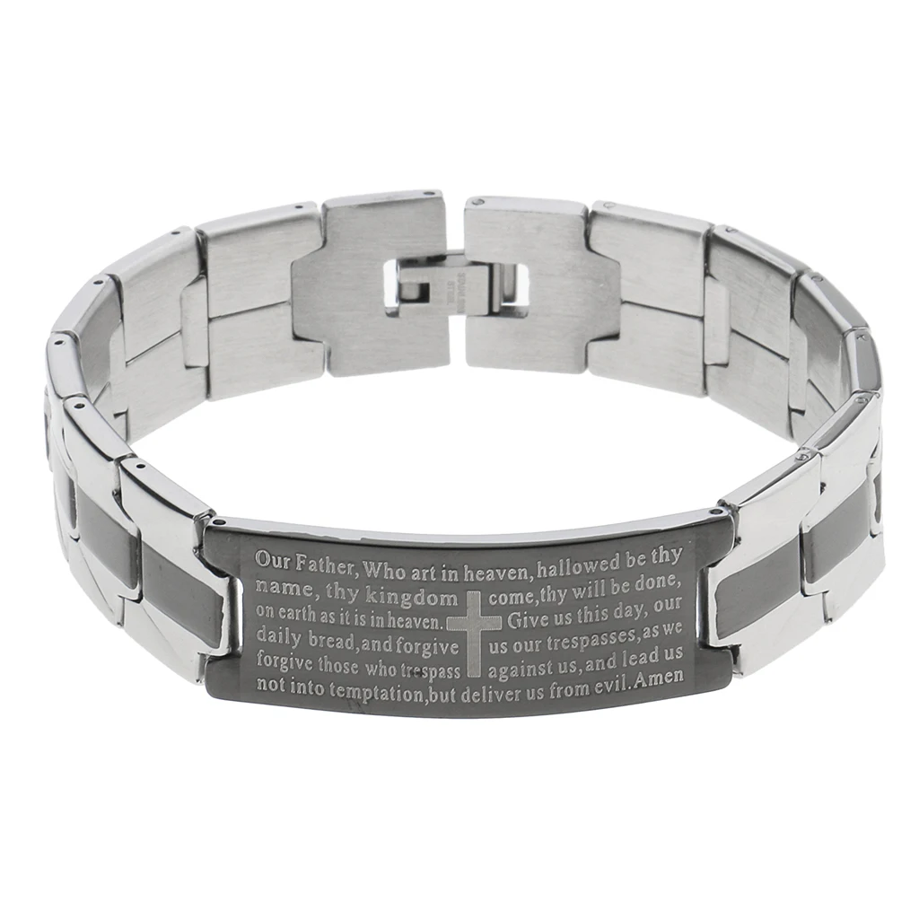 Men Women Charm Cuff Wristband Stainless Steel Bracelet with Engraved English Lord's Prayer Bible Cross Pattern 21x1.5cm