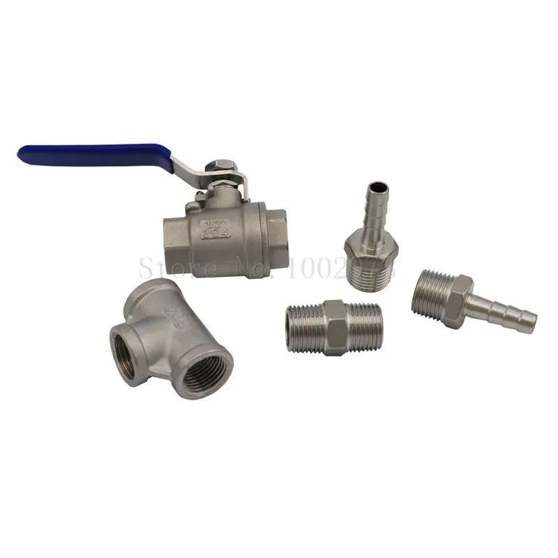 Stainless Weldless Bulkhead Ball Valve Kit With 12 Tee & Hose Barb Homebrew Beer Kettle In-line Thermometer Fitting (12)