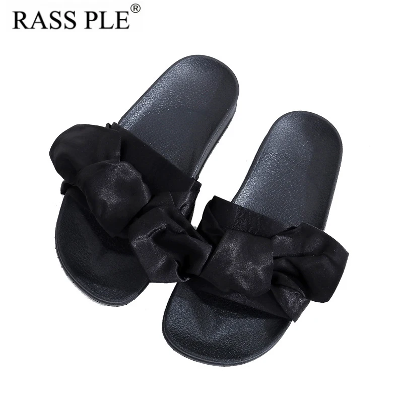 

RASS PLE New Women 2018 Satin Bow Flip Flops Mules Sliders Beach Sandals Non-Slip On Flats Ladies Summer Shoes