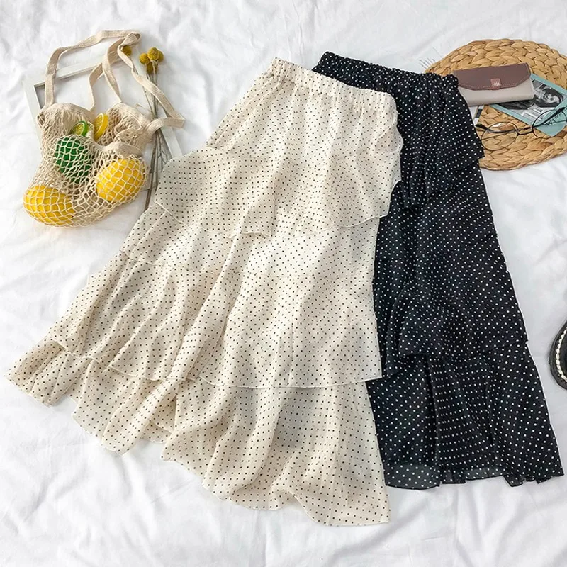 

NEW High Waist A Line Mid-Calf Skirt Floral Polka Dot Print Ruffles Skirt Sexy Streetwear Korean Fashion Cute Kawaii Faldas