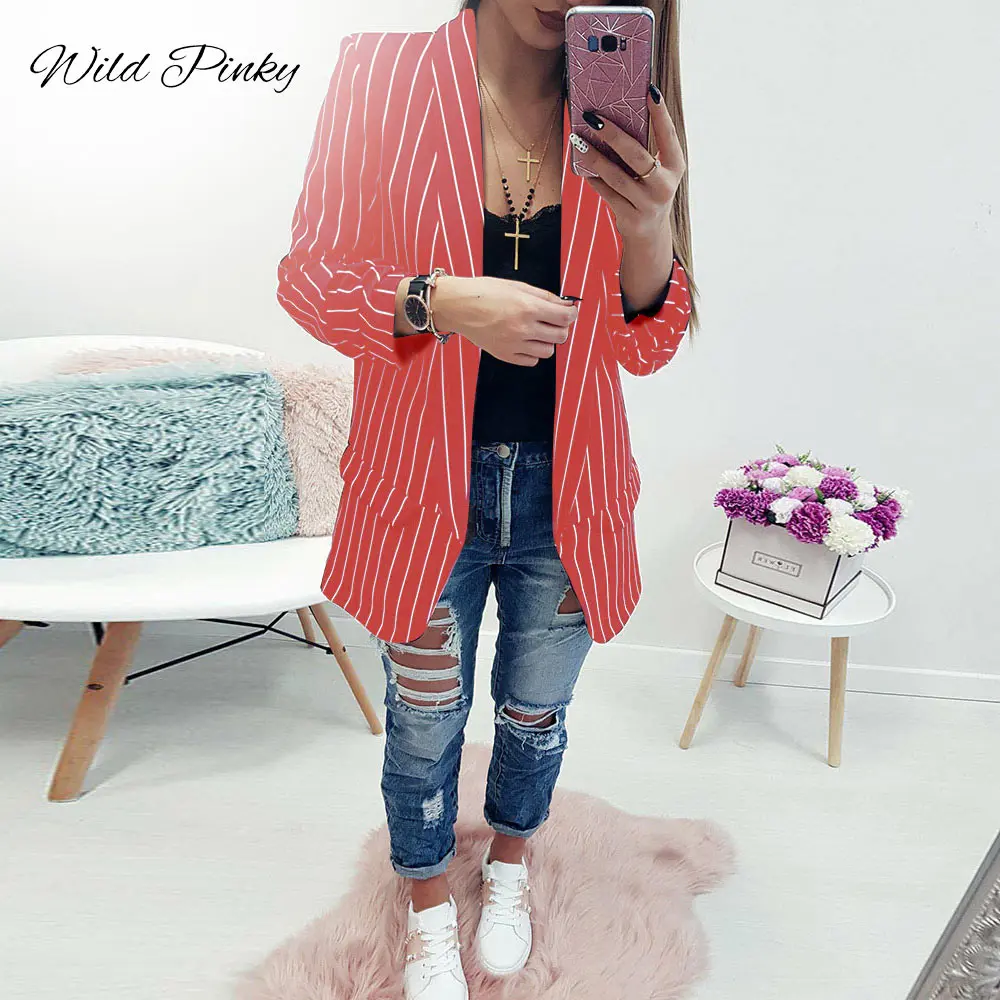 WildPinky Spring Female Blazer Jacket Black White Striped Casual Suit Long Sleeve Women Jacket Blazer Autumn Cardigan Femme WildPinky Spring Female Blazer Jacket Black White Striped Casual Suit Long Sleeve Women Jacket Blazer Autumn Cardigan Femme