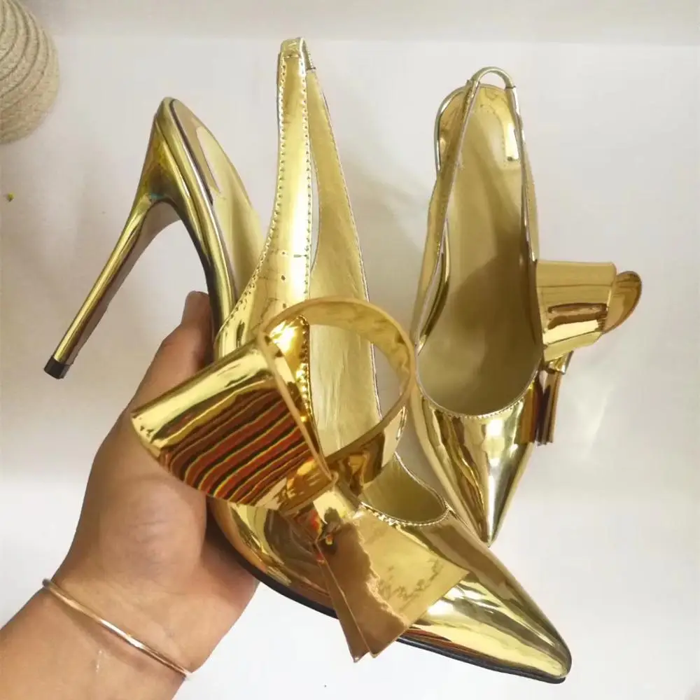 

2019 Sapato Feminino Gold Silver Color Butterfly Knot Embellished Woman Shoes Pointed Toe Slingback Women Pumps Hot Stiletto