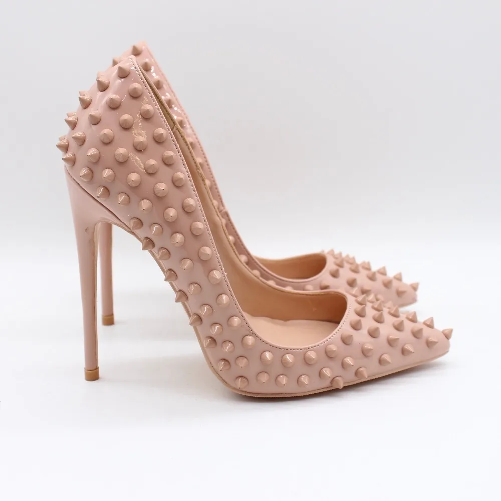

2019 Fashion free shipping women lady Nude Studded spikes Poined Toe Stiletto high heel pump HIGH-HEELED SHOES Wedding Shoes