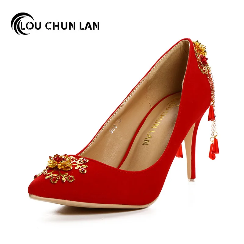 LOUCHUNLAN Red velvet chinese style wedding shoes pointed toe bridal