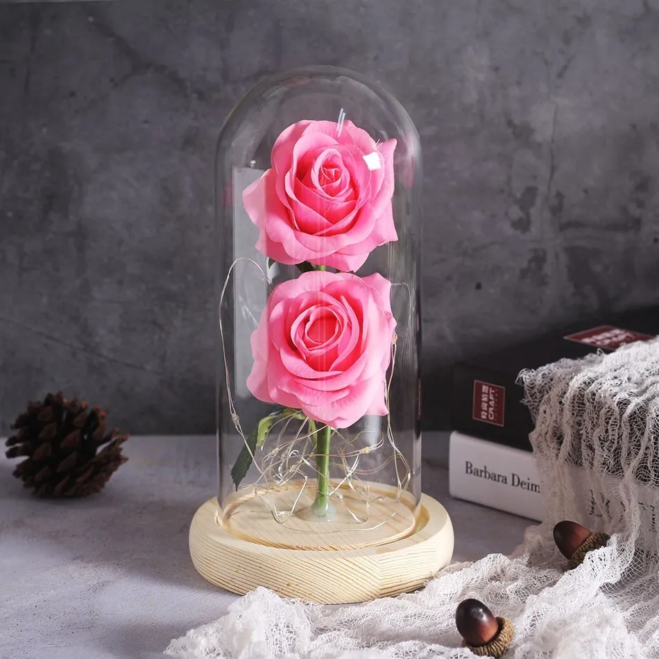 Красавица и Чудовище красная Роза деревянная подставка подарок на день Святого Валентина подарки на день матери цветы на две розы в стеклянном куполе Рождество