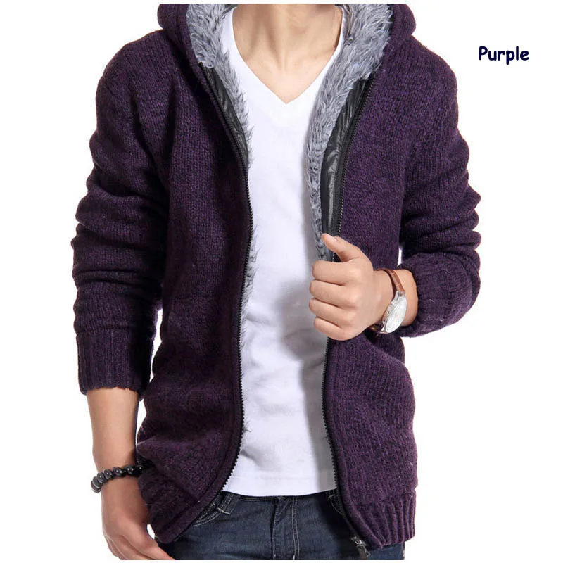 Зима, мужские вязаные толстые свитера с капюшоном и длинным рукавом, повседневная мужская теплая верхняя одежда из флиса, модные мужские пальто - Цвет: Purple