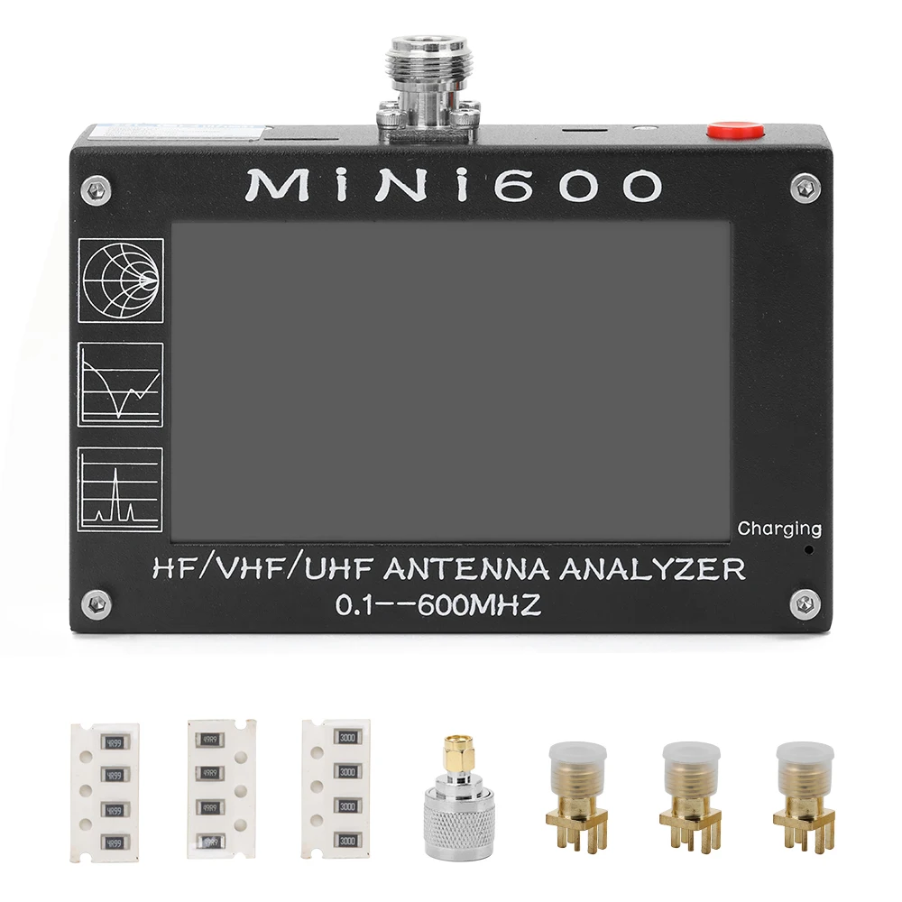 

MiNi600 5V 1.5A HF VHF UHF Antenna Analyzer 0.1-600MHz Frequency Counter SWR Meter 1.0-1999 with 4.3" TFT LCD Touching Screen