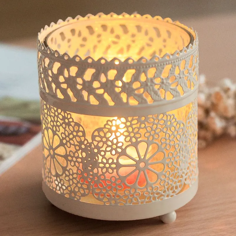 European Lace Accents Hollow Snowflake Design White Painted Iron Candle Holder with Glass Cup Inside European Lace Accents Hollow Snowflake Design White Painted Iron Candle Holder with Glass Cup Inside