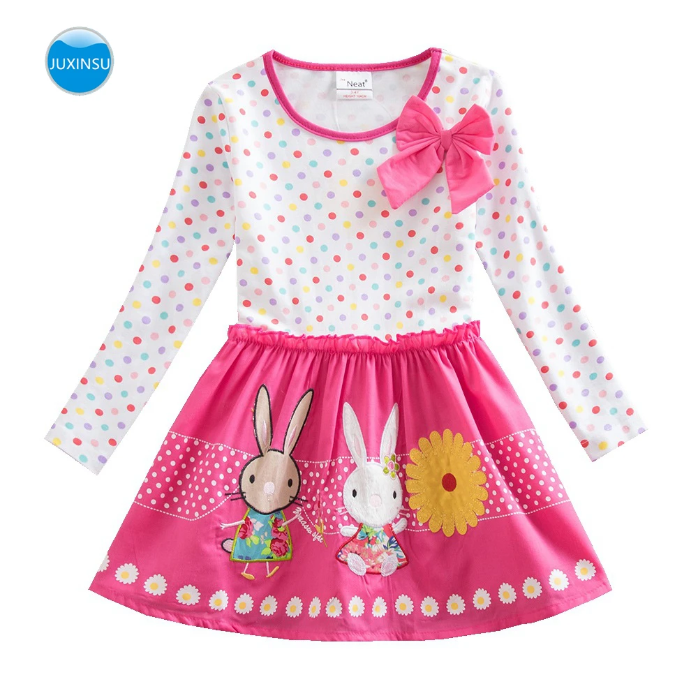 JUXINSU/Хлопковое платье с длинными рукавами и цветочным рисунком для маленьких девочек белое платье с бантом и рисунком кролика для детей от 3 до 8 лет