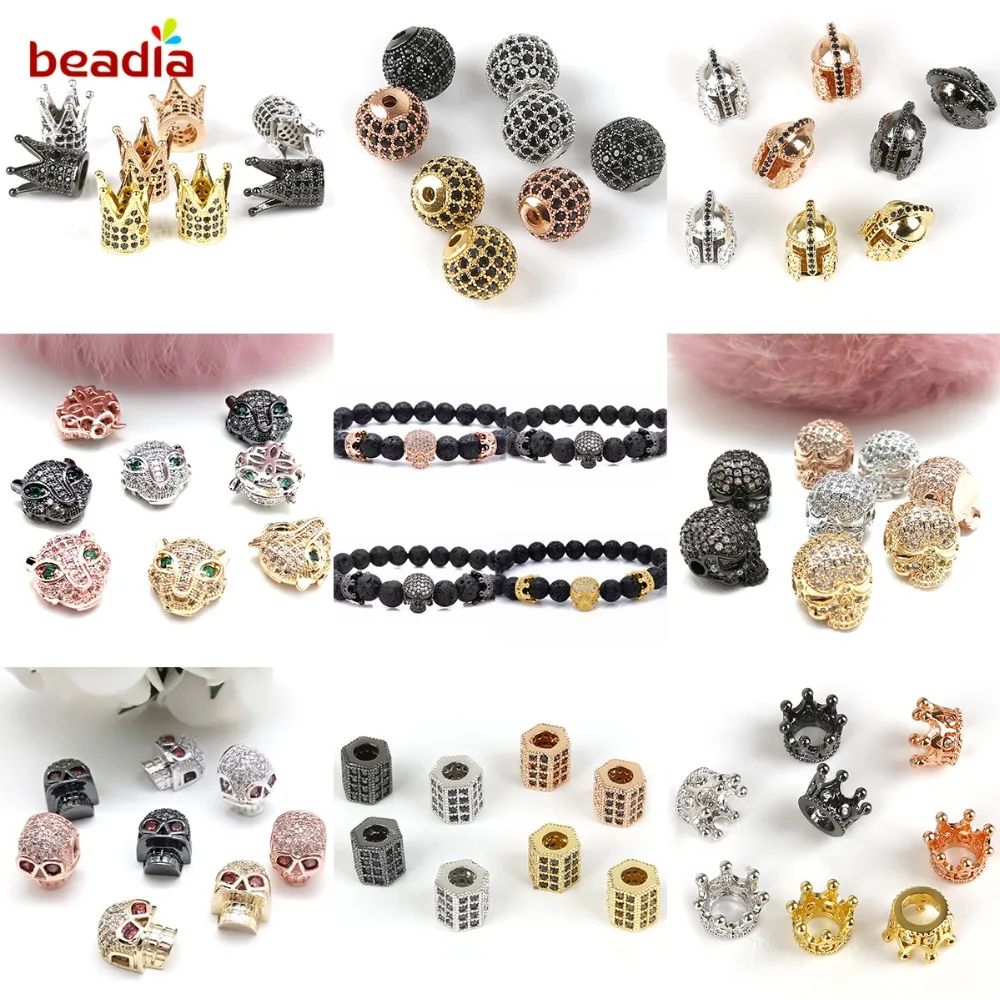 

Wholesale Fashion CZ Crystal Copper Beads Plating Color Round Crown Leopard Skull Beads For Bracelet Clothing Accessories