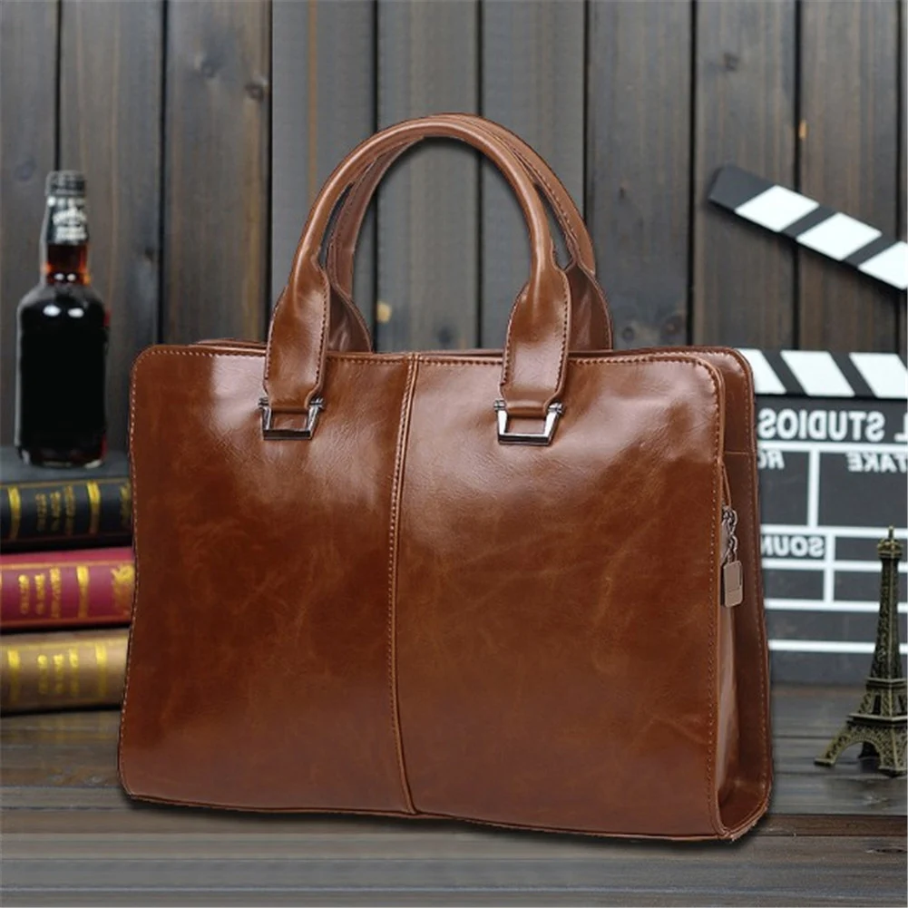 New Crazy Horse Leather Briefcase Vintage Men's Laptop Handbag Business Briefcases High Quality Zipper Handle Bags Black Brown