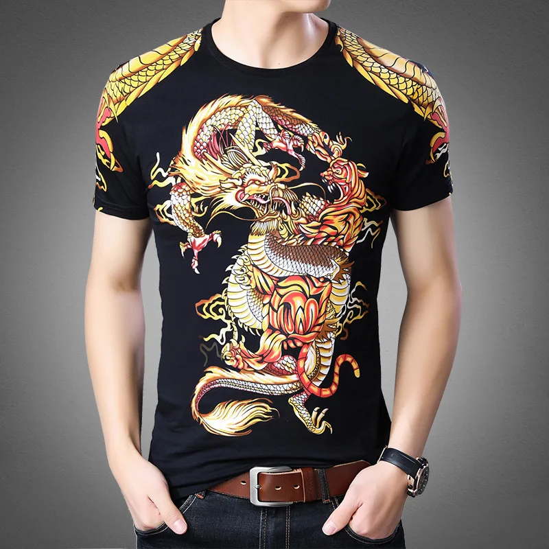 

Summer Men Short Sleeve T-shirt Men's O-neck Tee Shirt Dragon Printed Cotton Fitness Slim Fit Camiseta Tops Male Fashion Clothes