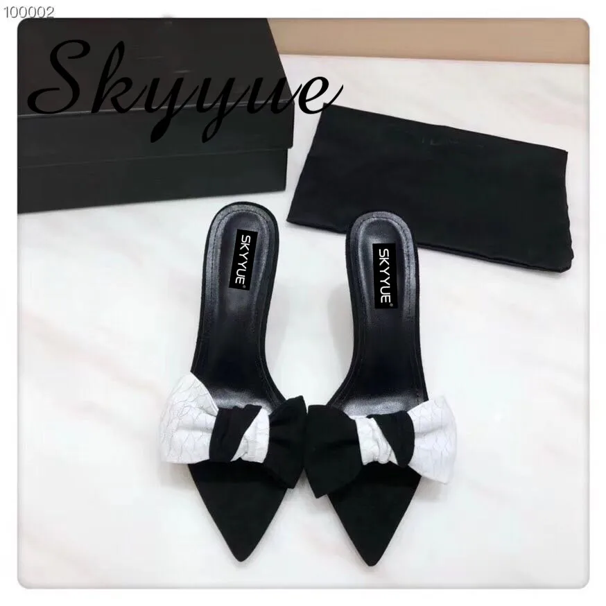 

SKYYUE New Genuine Leather Bowtie Women HIgh Heel Slippers Slip On Comfortable Spikle HIgh Heels Sandal Slippers Mule Shoes