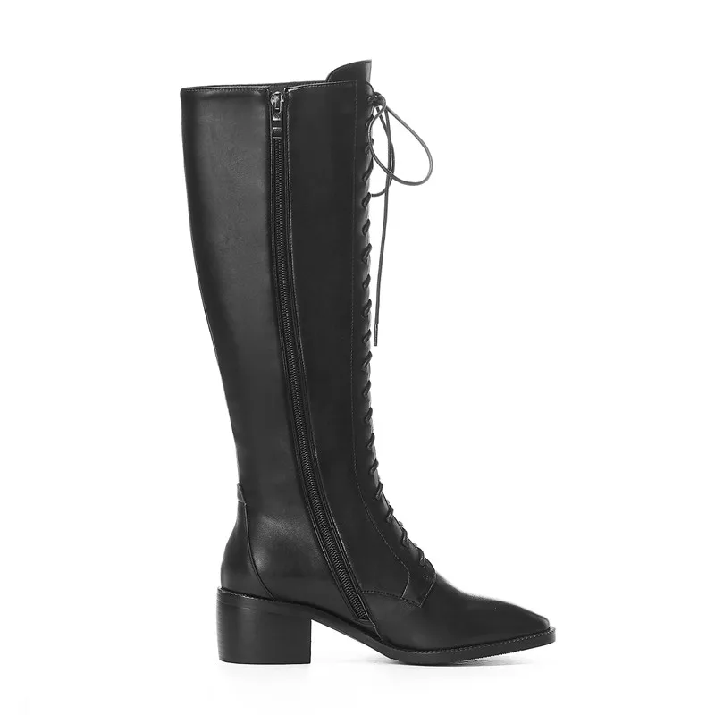 Masgulahe new arrival women knee high boots genuine leather+pu autumn winter boots lace up zip fashion punk shoes woman