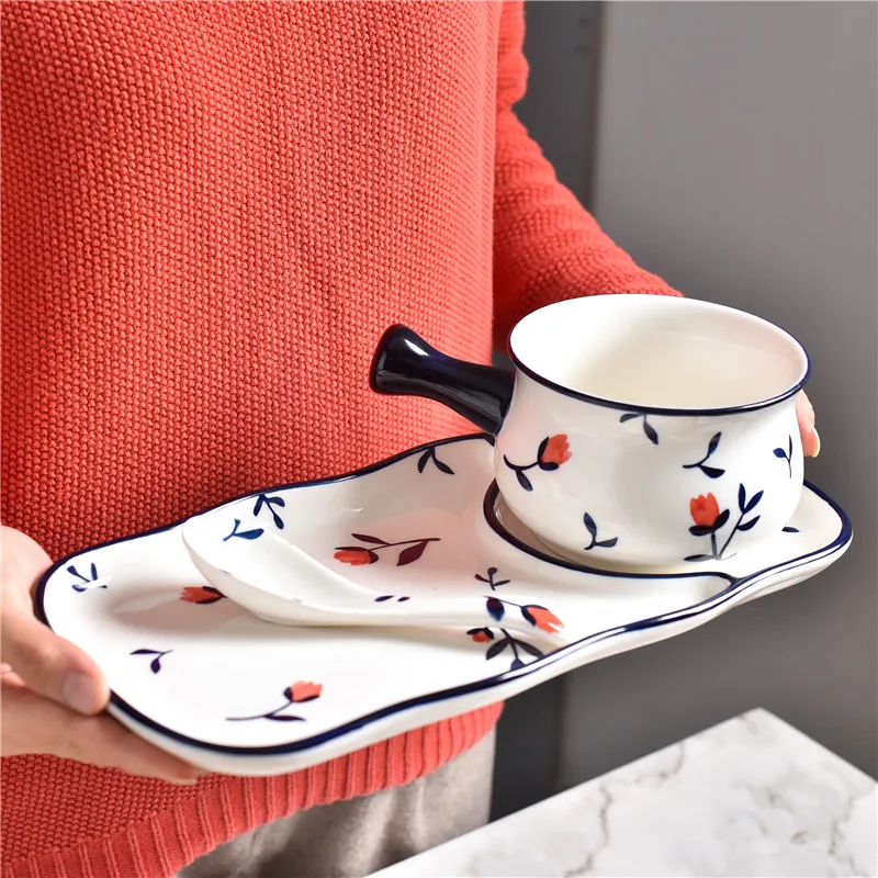 

EECAMAIL Peach Blossom Ceramic Creative Breakfast Bowl Dessert Tableware Afternoon Tea Tray Two Sets Food Couple Tableware