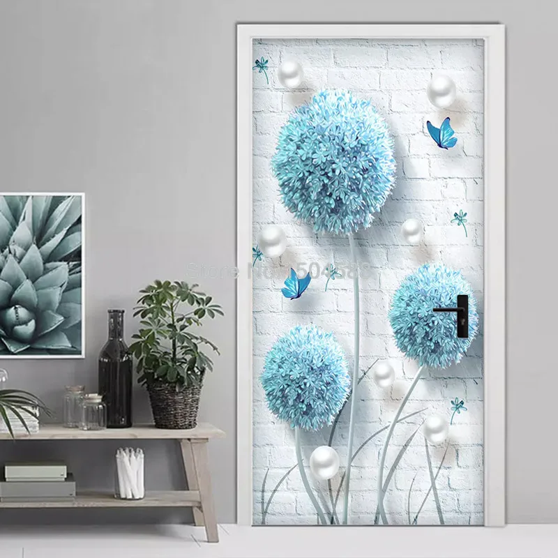 Наклейка на дверь 3D стерео Синие Ювелирные изделия с изображением одуванчика обои для гостиной спальни домашний Декор ПВХ самоклеющиеся водонепроницаемые наклейки на дверь