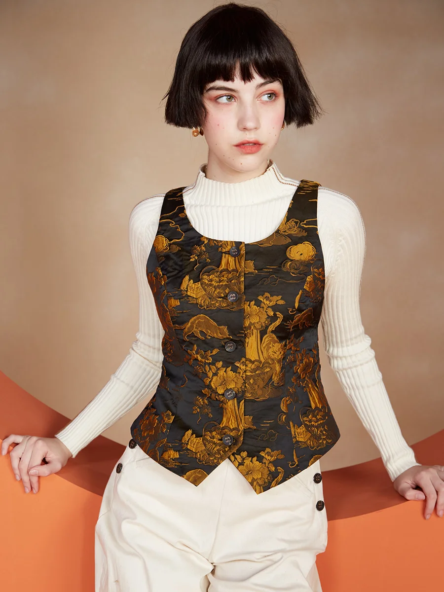 

LYNETTE'S CHINOISERIE Spring Autumn Women Original Design Royal Vintage Cats Jacquared Slim Waist Vest