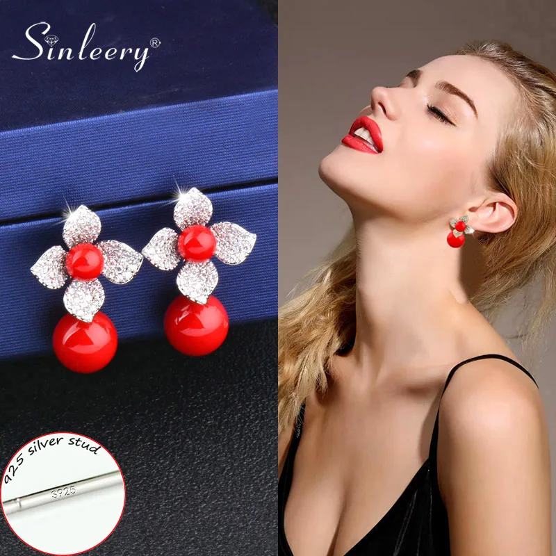SINLEERY сверкающий кристалл цветок красный акриловый шар серьги гвоздики Золото Серебро Цвет Серьги для женщин модные ювелирные изделия Es333 SSA