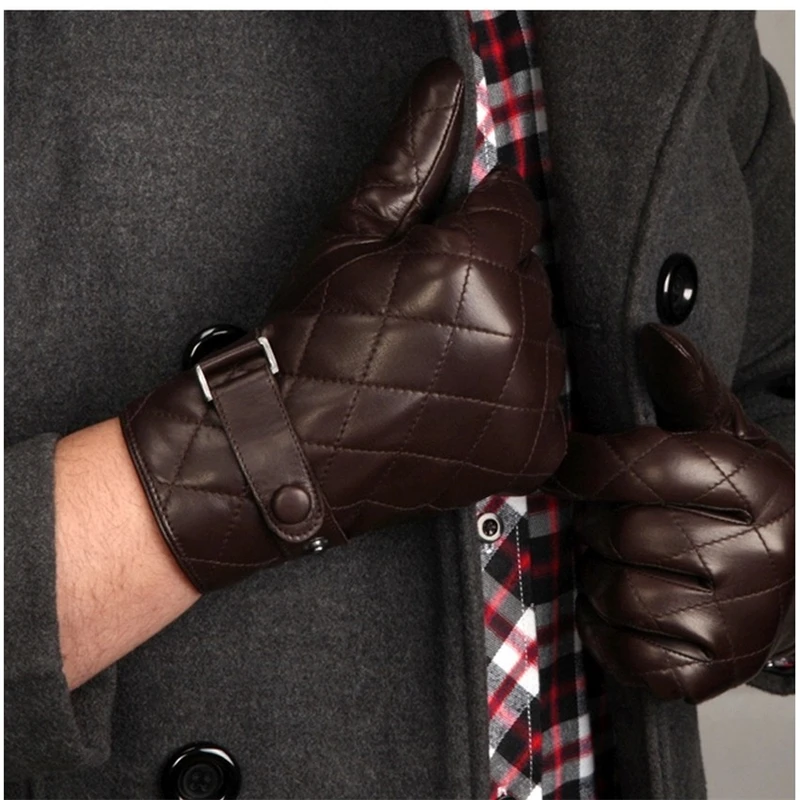 New Arrival Winter Sheepskin Men Gloves Wrist Solid Real Genuine Leather Fashion Thermal  Glove Plus Velvet M020NC-5