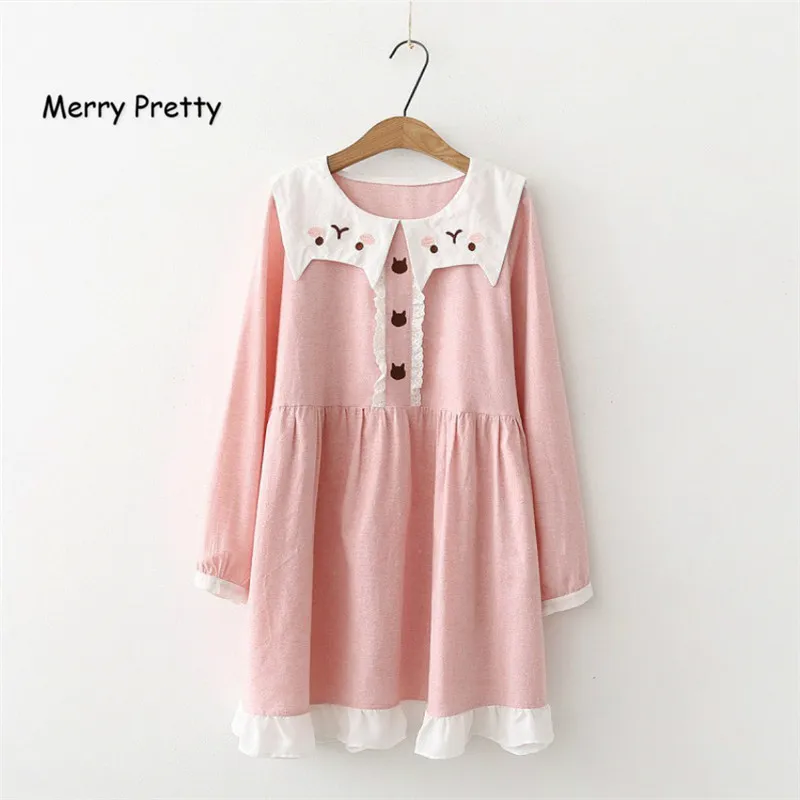 

Merry Pretty Summer Women Cotton Linen Dress Japan Style Sweet Pink Cute Cat Embroidery Sailor Collar Long Sleeve Kawaii Dress