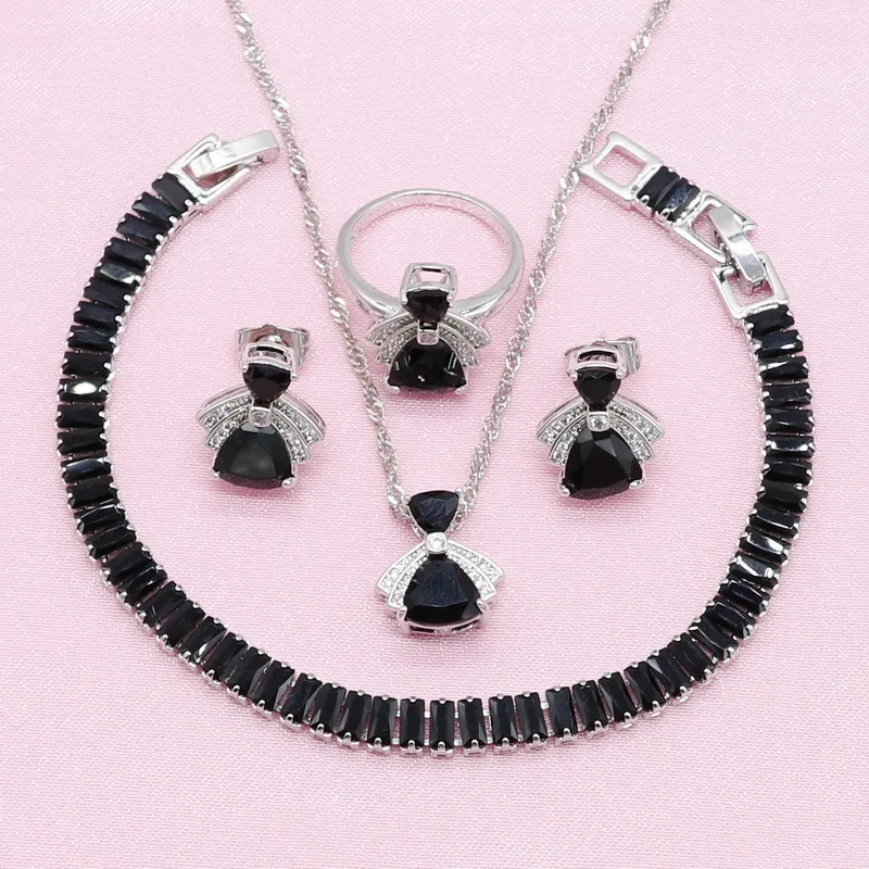 

925 Silver Jewelry Sets For Women Birthday Present Black Cubic Zirconia Earrings Necklace Pendant Ring Bracelet Free Gift Boxs