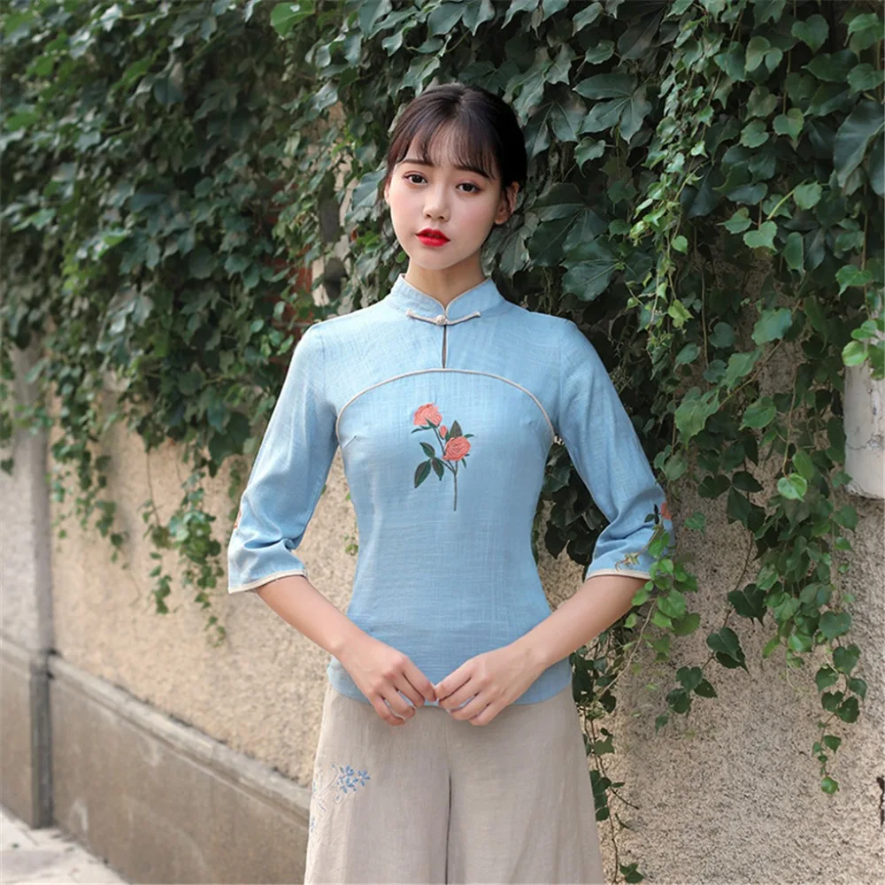 Шанхай история цветок вышивка Традиционный китайский Топ Чонсам с коротким рукавом Традиционный китайский льняной Топ льняная блузка