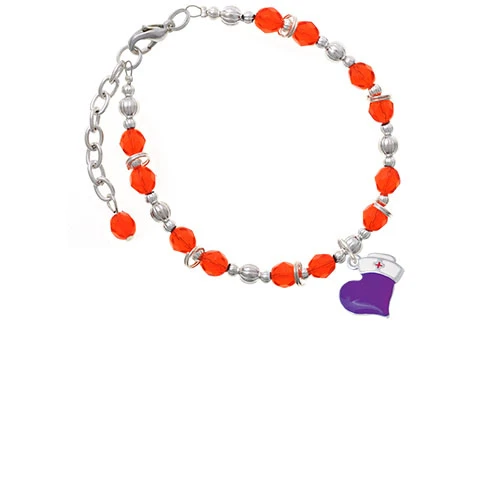 Silvertone Purple Heart with Nurse Hat Orange Beaded Bracelet