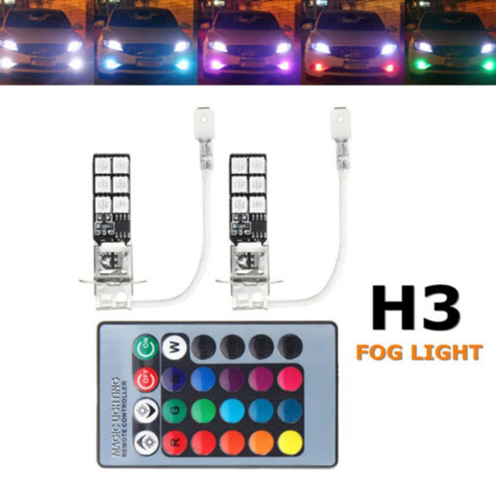 

2 pcs 360 Angle Car Headlight Fog Light Lamp Bulbs + 7 Colors Light Remote Control H3 5050 RGB12SMD LED Light Car Accessories
