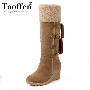 

TAOFFEN Ladies Snow Warm Boots Women Wedges Knee-high back strap Boots Female Cotton Platform Botas Footwear Shoes Size 34-43