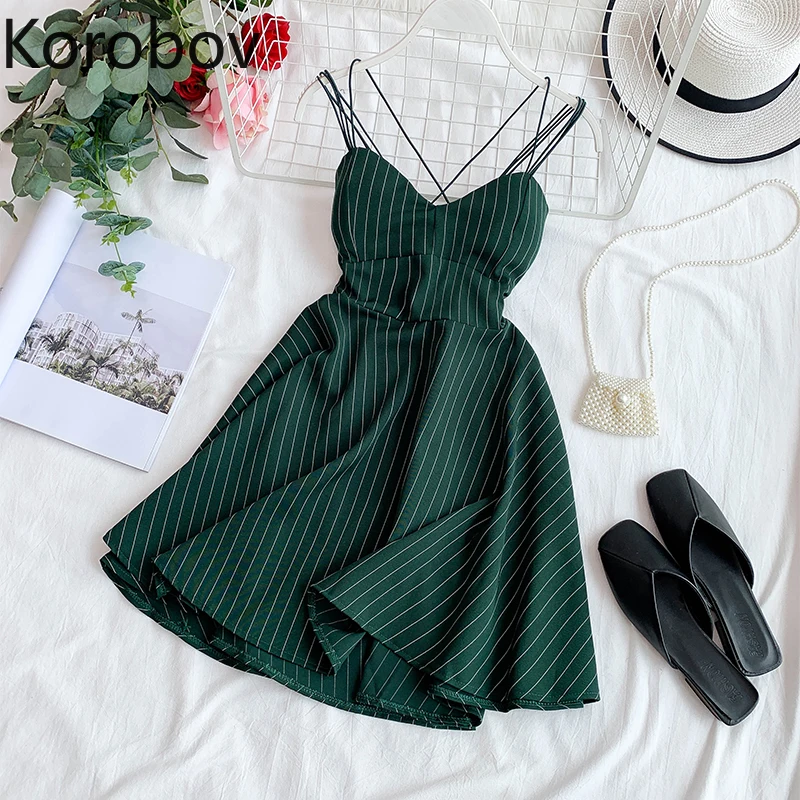 

Korobov Summer Backless Spaghetti Strap Dress Vintage Striped V Neck A Line Dresses Beach Style Short Vestidos Femme 78394