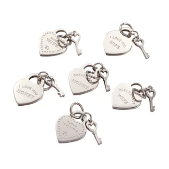 

316 Stainless Steel Pendants, For Husband and Wife, Heart & Key, with Words, Stainless Steel Color, 17.5x13.5x1.5mm, Hole: 5mm