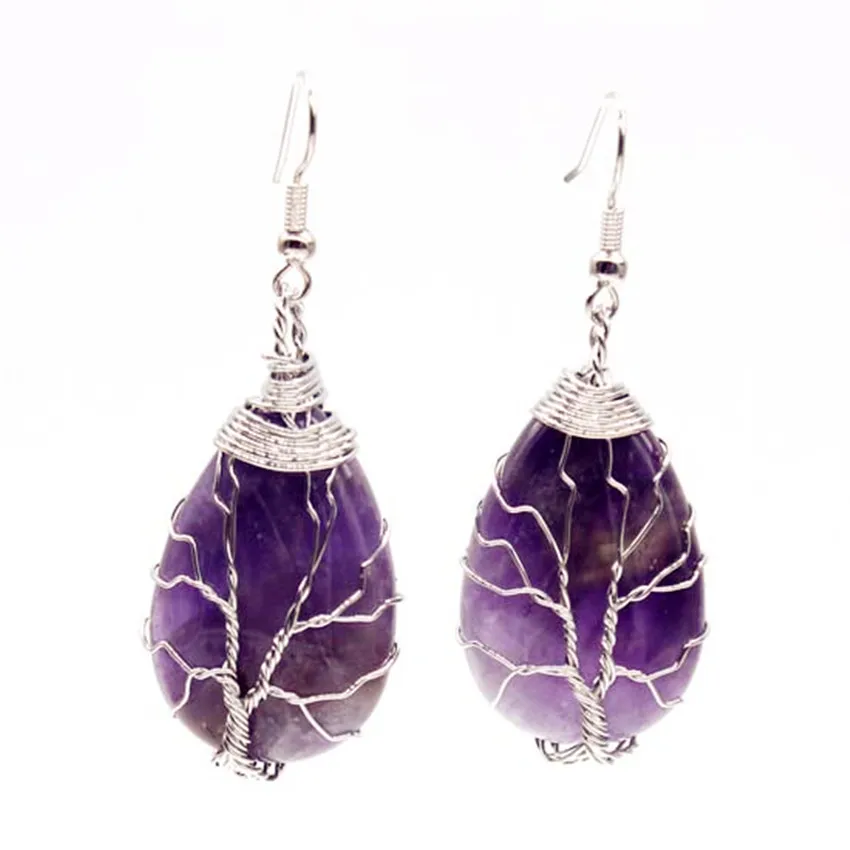 

Kraft-beads Silver Plated Wire Wrap Tree of Life Water Drop Earrings Natural Purple Amethysts Jewelry