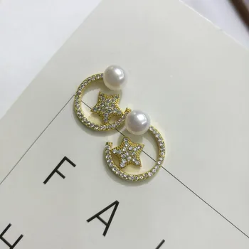 

HRina S925 Sterling Sliver Gold Plated Star Moon Stud Earrings White Color Real Natural Freshwater Pearl Earrings Wholesale