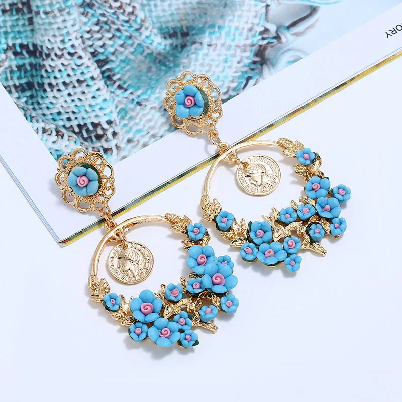 

4 Color Trendy Clay Flower Earrings For Women Bohemian Gold Metal Big Drop Earring Ladies Coin Dangle Earring Statement Jewelry