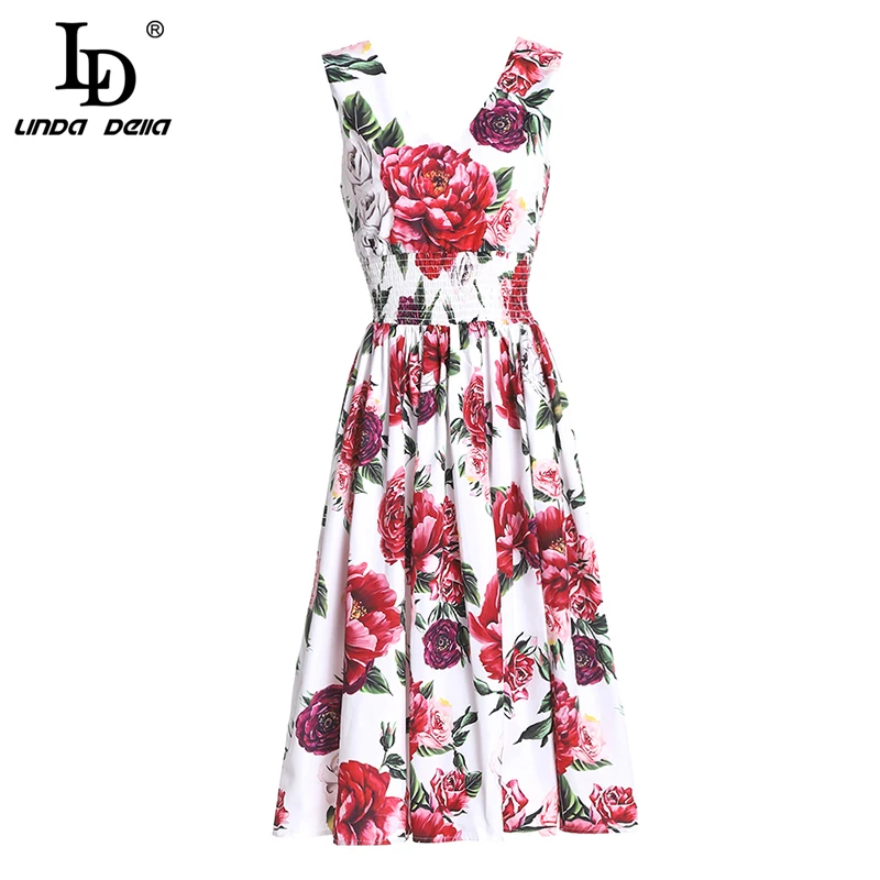 

LD LINDA DELLA Runway Designer Summer Dress Women's Sleeveless V-Neck Elastic Waist Floral Print Party Midi Casual Dress vestido