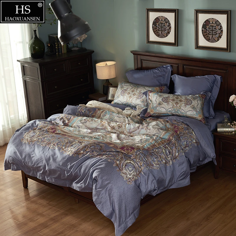 

100S Digital Printing 4PCS Bedding Sets Duvet Cover Bed sheet Pillow case Queen King Size Palace Style Purple Beige Rusty Red
