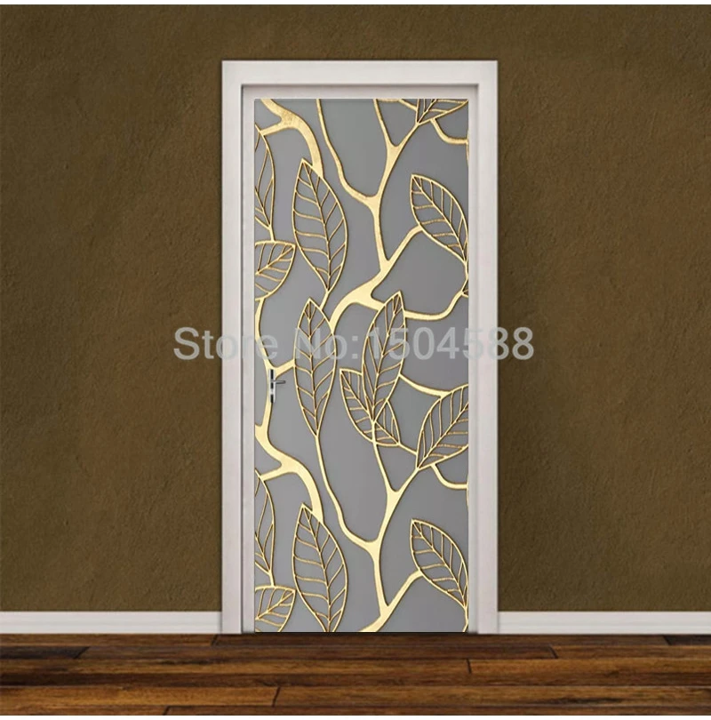 Фото обои 3D стерео Золотые листья двери стикеры гостиная спальня Современное Абстрактное Искусство домашний декор креативный DIY Наклейка Фреска